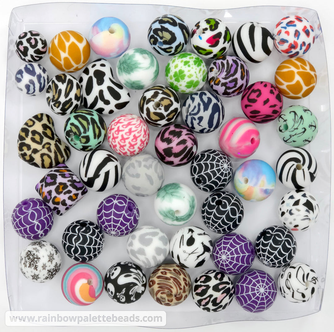 DESTASH LISTING: Random 12 & 15mm Silicone Print Beads (46 beads)