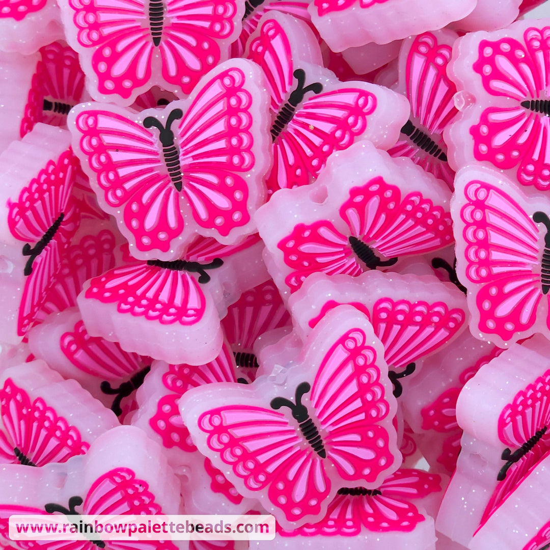 Glitter Butterfly Silicone Focal Bead Pink Beads
