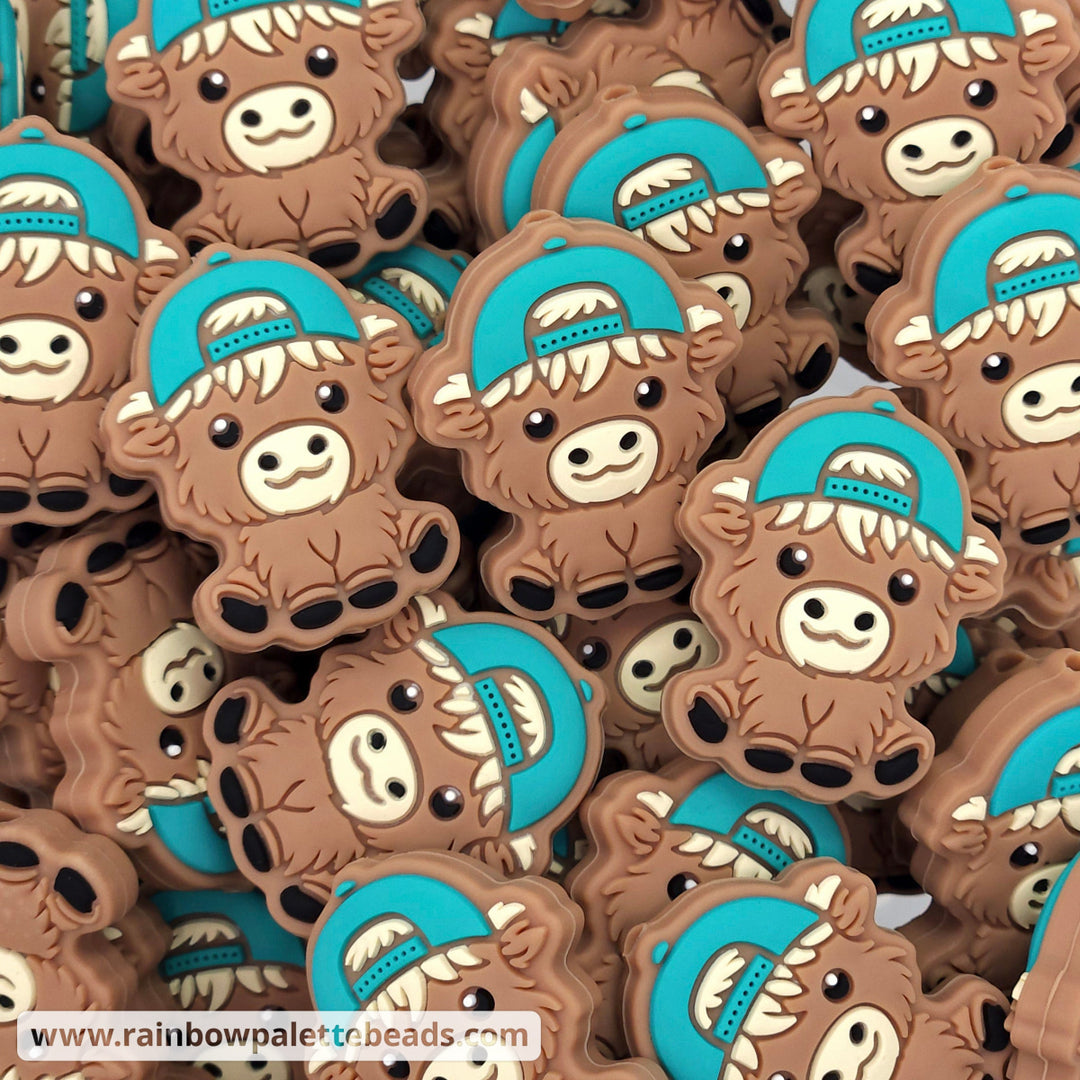 Highland Cow with Baseball Cap Silicone Focal Bead Beads