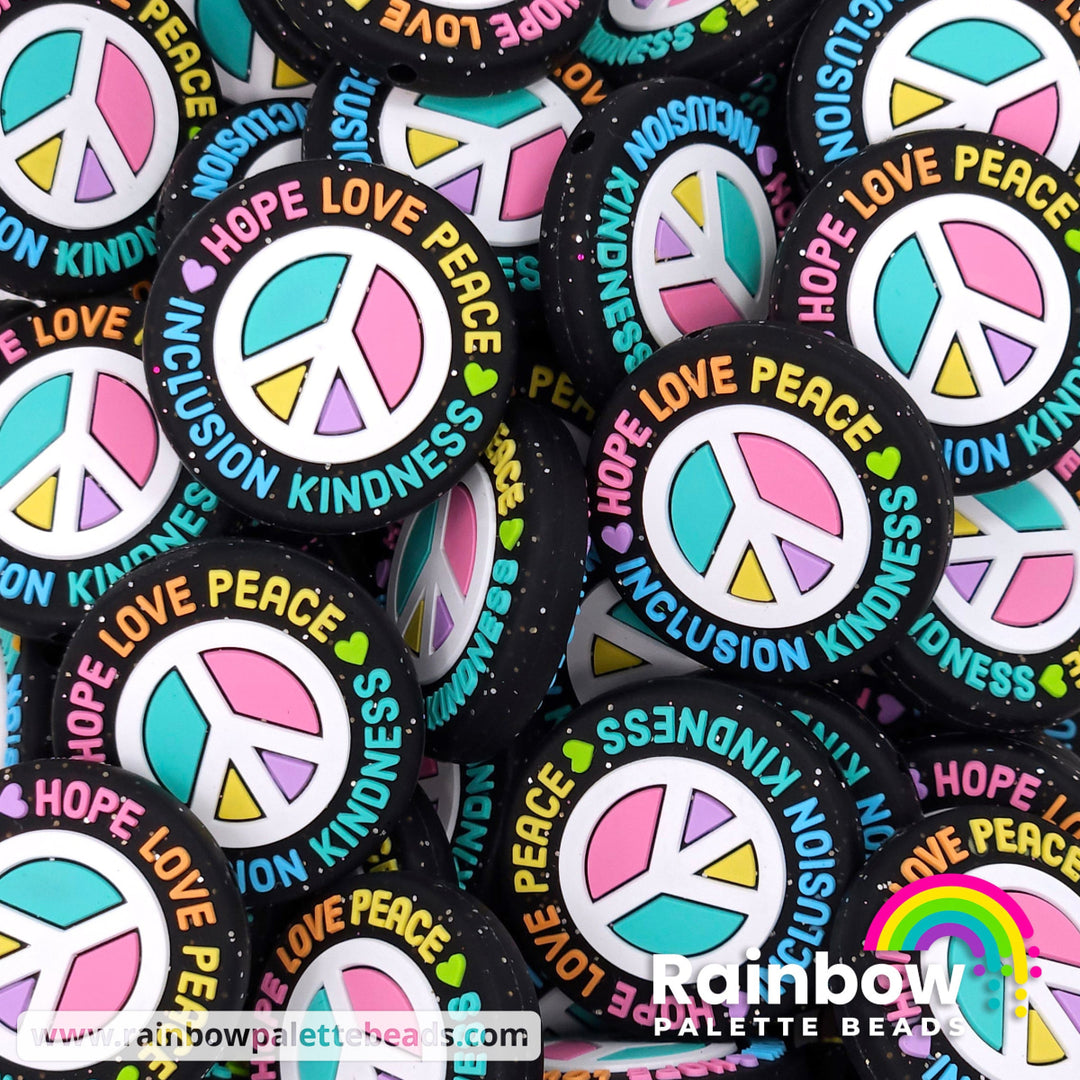 Hope Love Peace Inclusion Kindness Exclusive Silicone Focal Beads Black Glitter Beads
