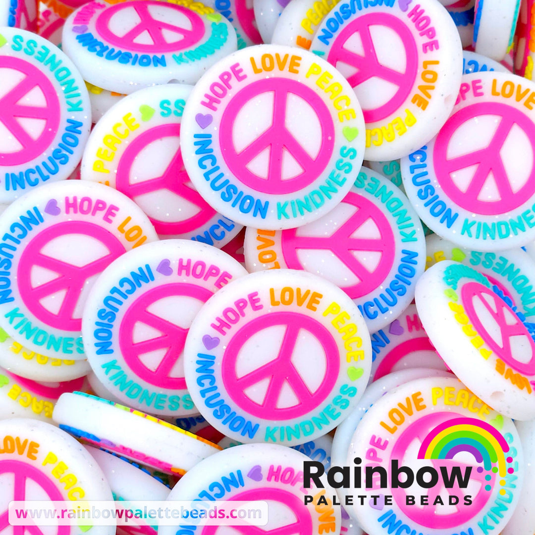 Hope Love Peace Inclusion Kindness Exclusive Silicone Focal Beads White Glitter Beads