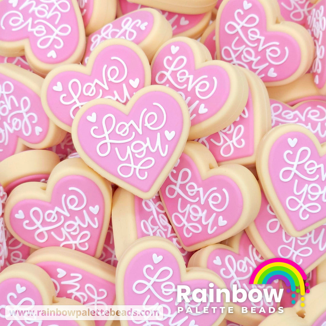 Love You Heart Sugar Cookie Exclusive Silicone Focal Beads Pink Beads