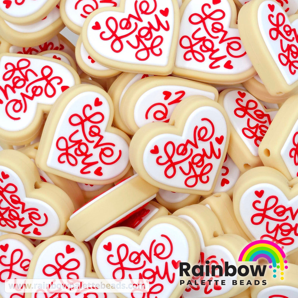 Love You Heart Sugar Cookie Exclusive Silicone Focal Beads White/Red Beads
