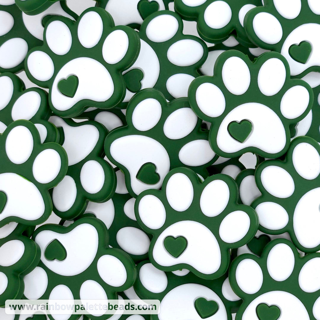 Paw Print Silicone Focal Beads Green/White Beads