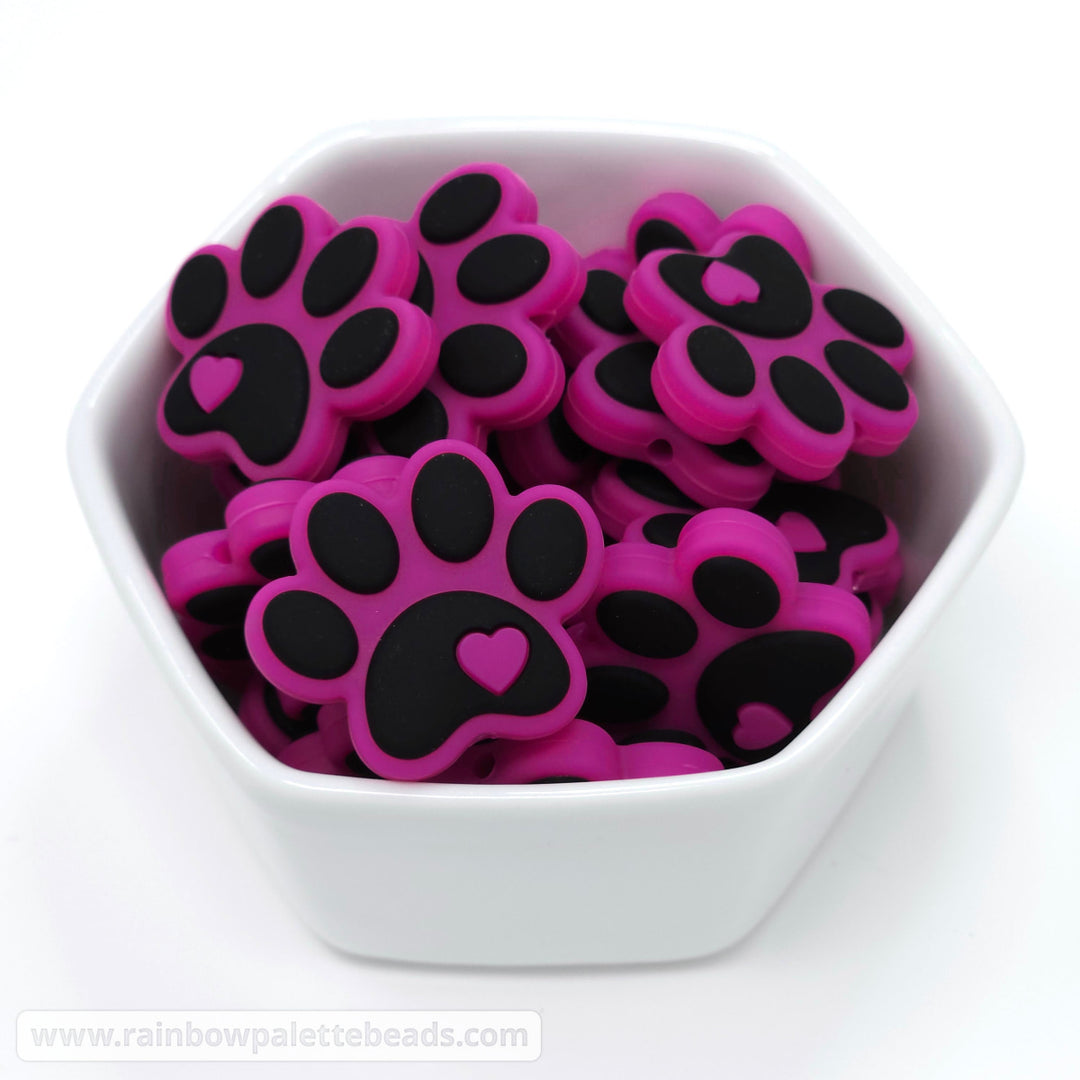 Paw Print Silicone Focal Beads Magenta Beads