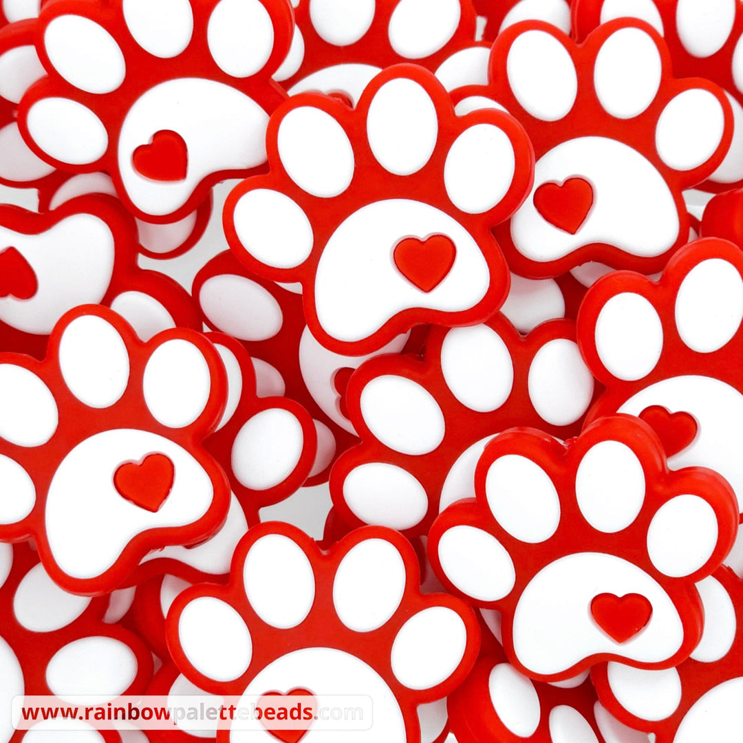 Paw Print Silicone Focal Beads Red/White Beads