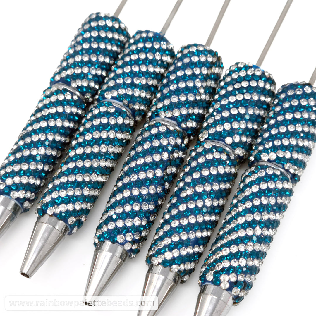 Peacock Teal Diagonal Stripe Full Rhinestone Beadable Diamond Pen
