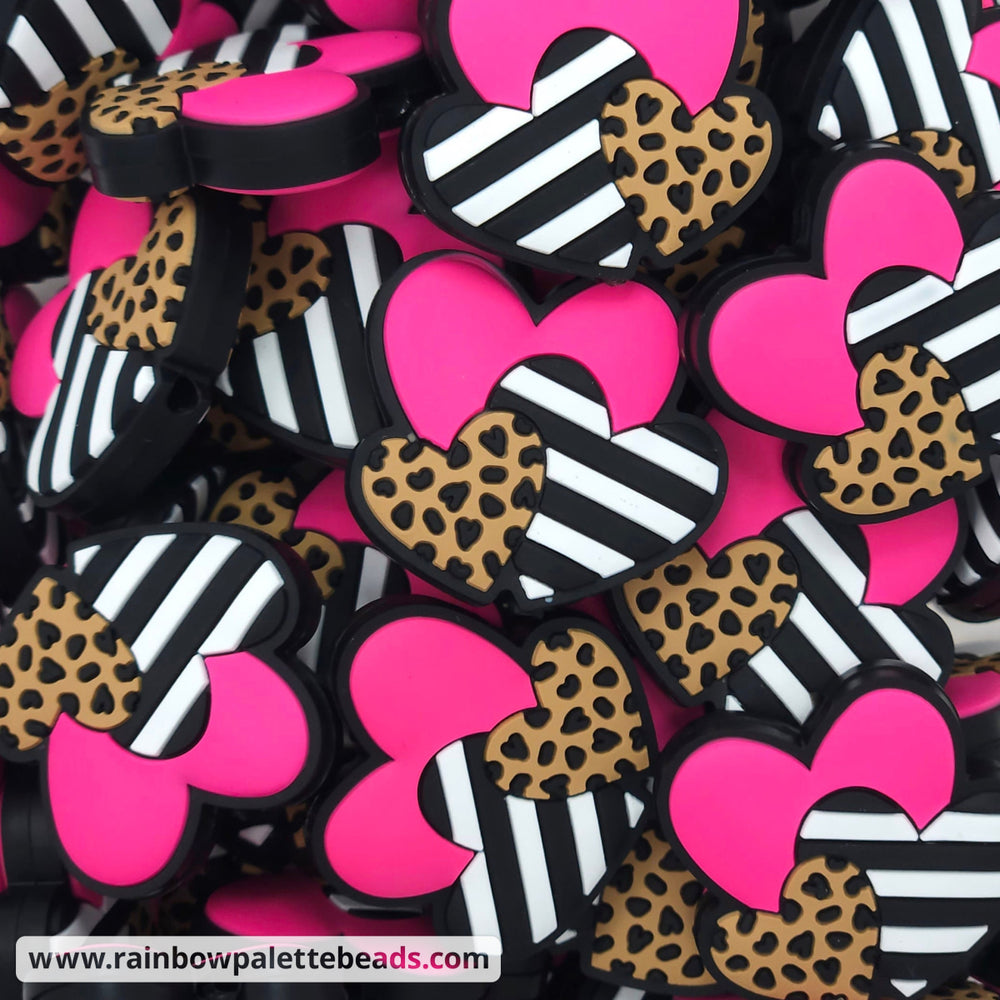 Three Heart Stack Silicone Focal Beads Hot Pink Beads