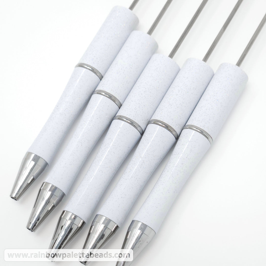 White Iridescent Glittery Beadable Plastic Pen