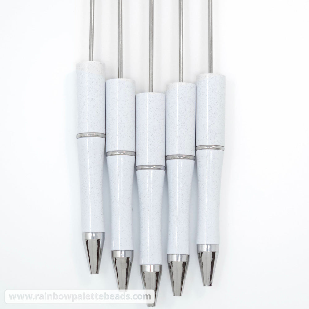 White Iridescent Glittery Beadable Plastic Pen