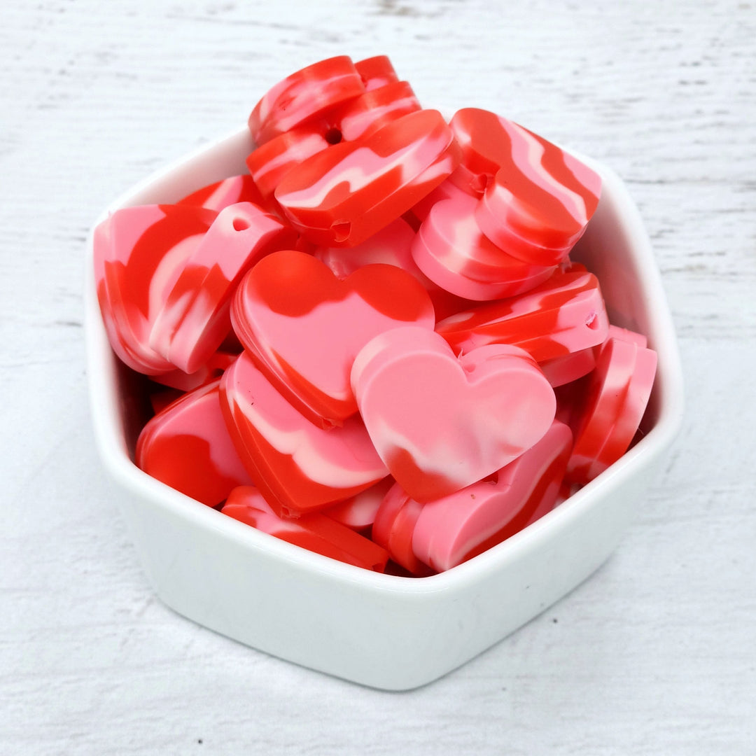 25mm Pink/Red Marble Silicone Heart Focal Beads