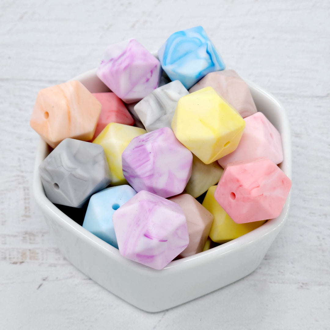 17mm Marbled Silicone Hex Bead Mix (10 Beads)