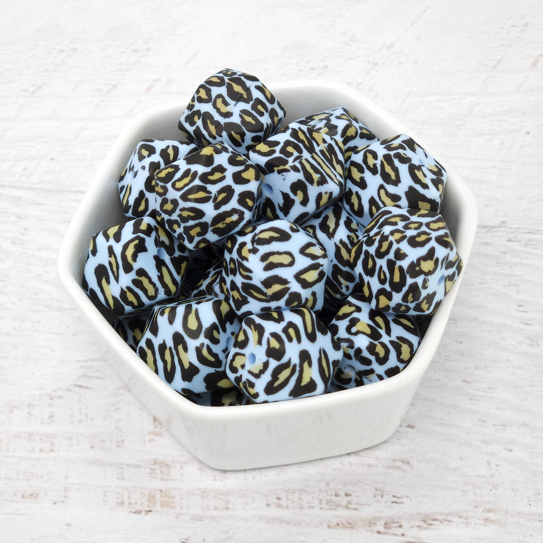 17mm Blue Leopard Print Silicone Hex Beads