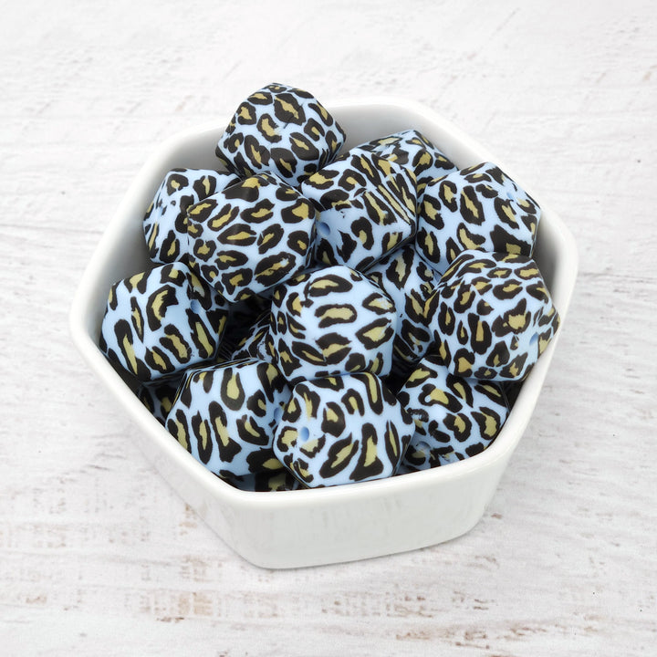 17mm Blue Leopard Print Silicone Hex Beads