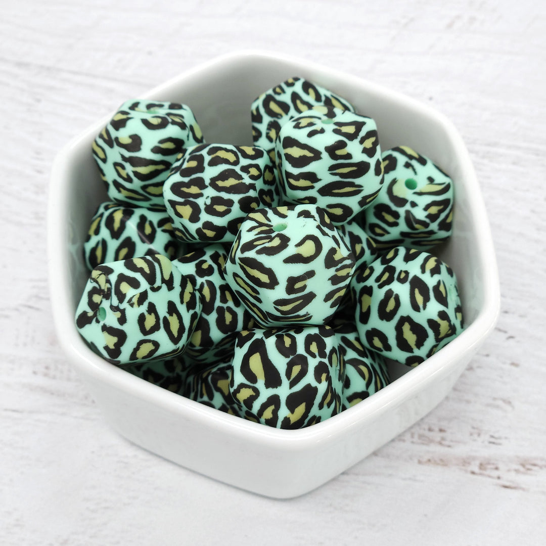 17mm Mint Leopard Print Silicone Hex Beads